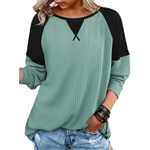 Crew Neck Long Sleeve Color Block Tunic Top Stretchy Lightweight Soft Breathable Resists Pilling Women's Blouse for Easy Matching with Pants Skirts