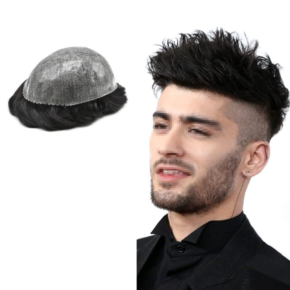 Unisex Black Mens Toupee 7X9 Full Poly Injected Pu Human Hair Replacement System Thin Skin Hairpiece Natural Hairline Jet