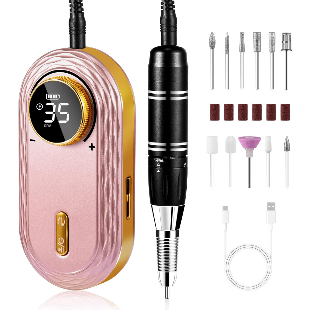 Electric Nail Drill 35000RPM Rechargeable with LCD Display and 11 Bits for Acrylic and Gel Nails