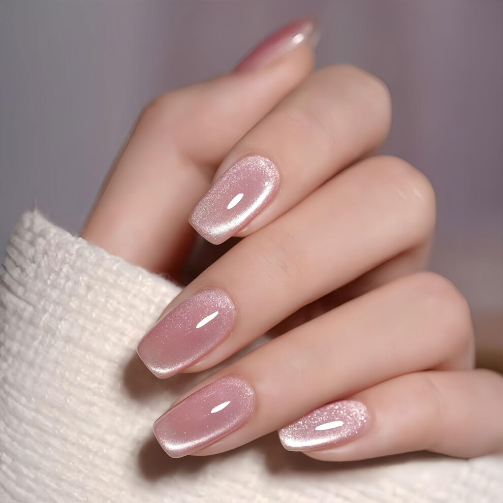 Pink Cat Eye Press On Nails Glitter Medium Square False Nails With Reflective Effect 24Pcs