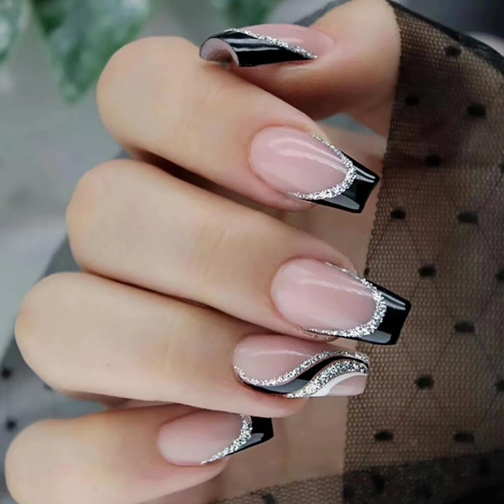 Medium Coffin Press On Nails Pink Glitter with French Swirls Acrylic Full Cover Fake Nails 24Pcs