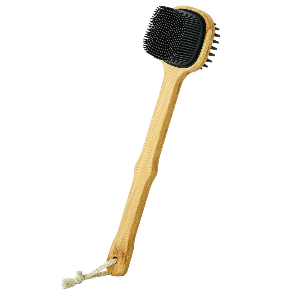 Shower Back Scrubber with Long Bamboo Handle, DualSided Silicone Bath Brush for Gentle Exfoliation, Charcoal Grey 1 Pack