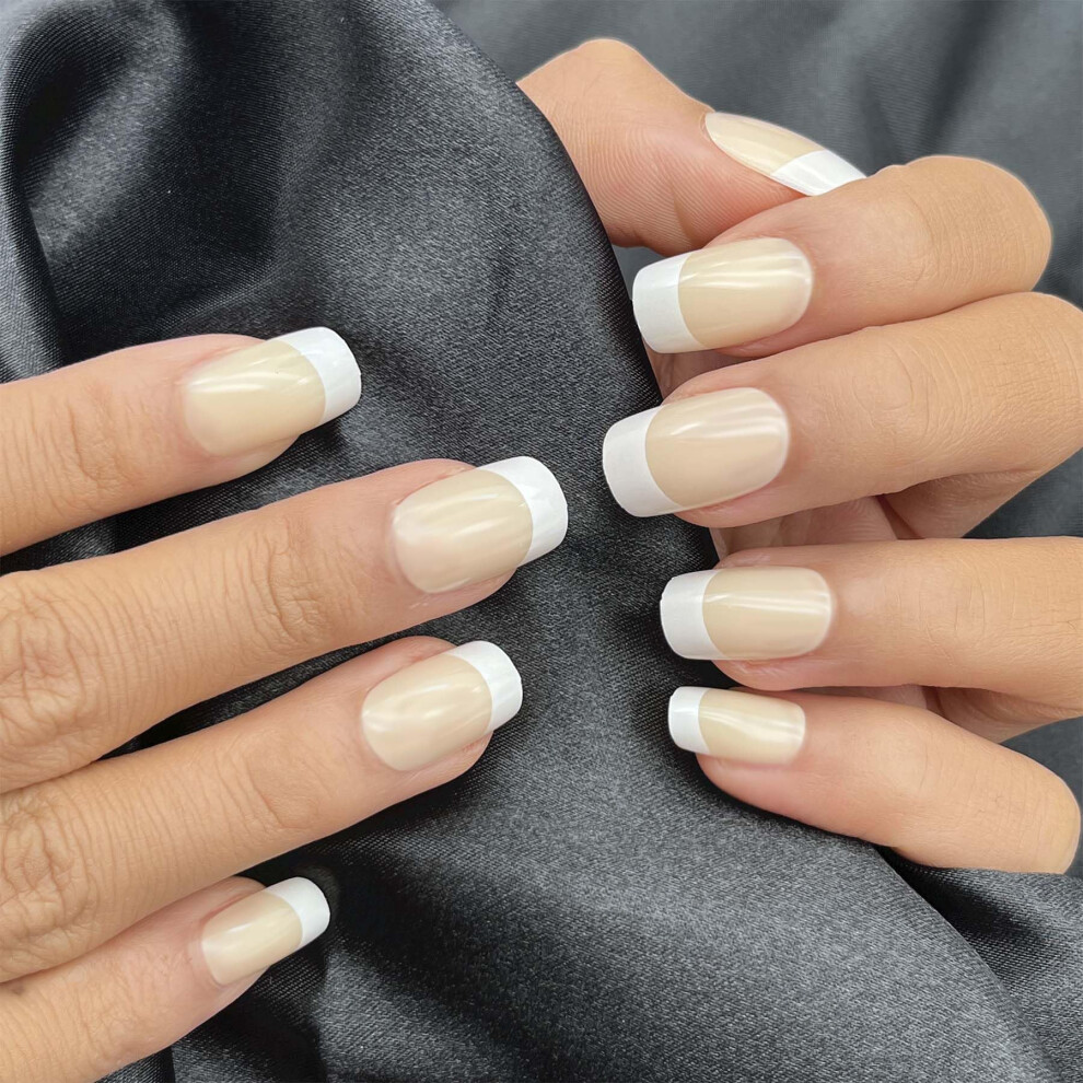Cream French Nude Press On Nails 24Pcs Medium Squoval Acrylic Fake Nails Glossy Full Cover Design