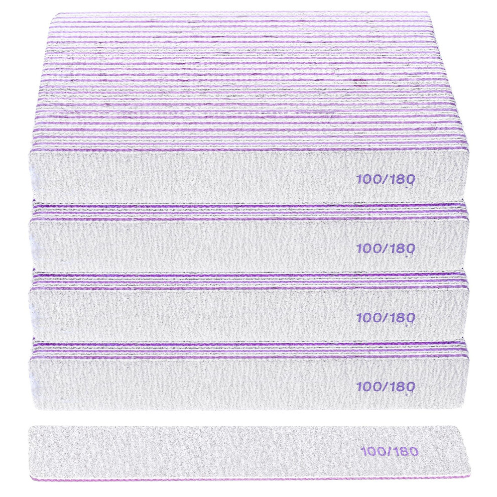 100 Pcs Professional 100/180 Grit Nail Files Dual Grit Washable Emery Boards for Acrylic and Natural Nails