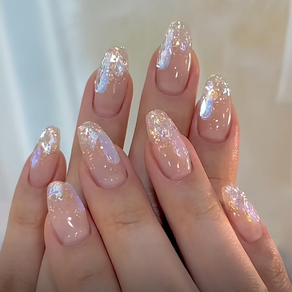 Gold Aurora Press On Nails Set Medium Oval Glitter Fake Nails With Foil 24Pcs Reusable Acrylic