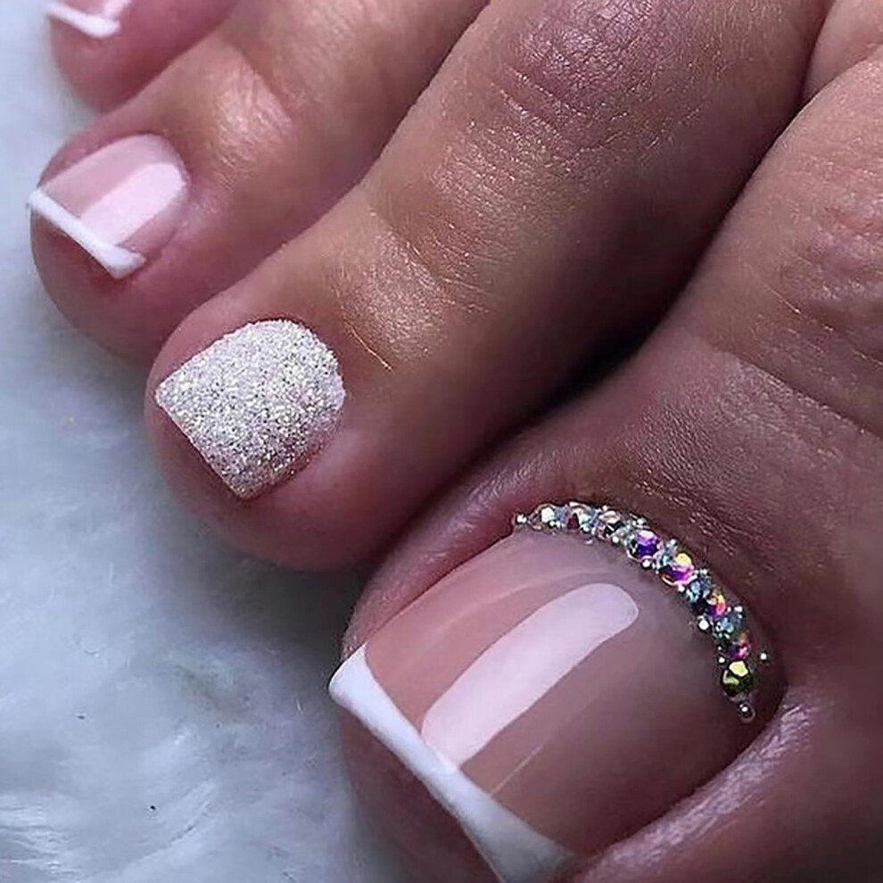Short Nude Press On Toe Nails with White Tip and Rhinestones, Reusable Acrylic False Toe Nails Set 24Pcs