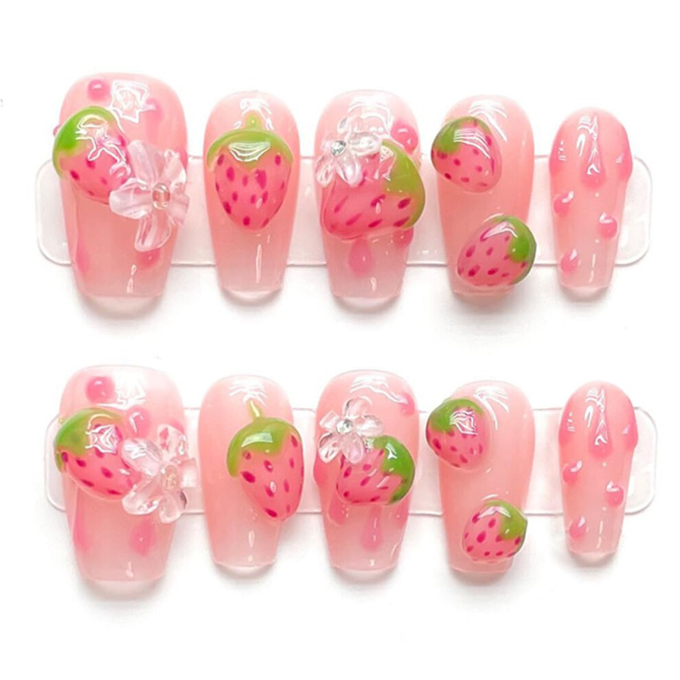 Pink Coffin Press On Nails With 3D Strawberry Charms Handmade Medium Fake Nails Set