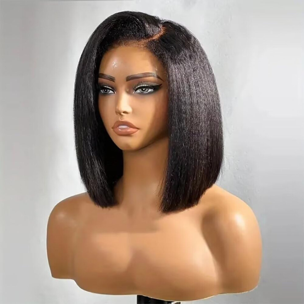Unisex 10 Inch Brazilian Human Hair Lace Front Wig Kinky Straight Yaki Bob Glueless Hd Transparent Lace 180% Density Pre Plucked Hairline