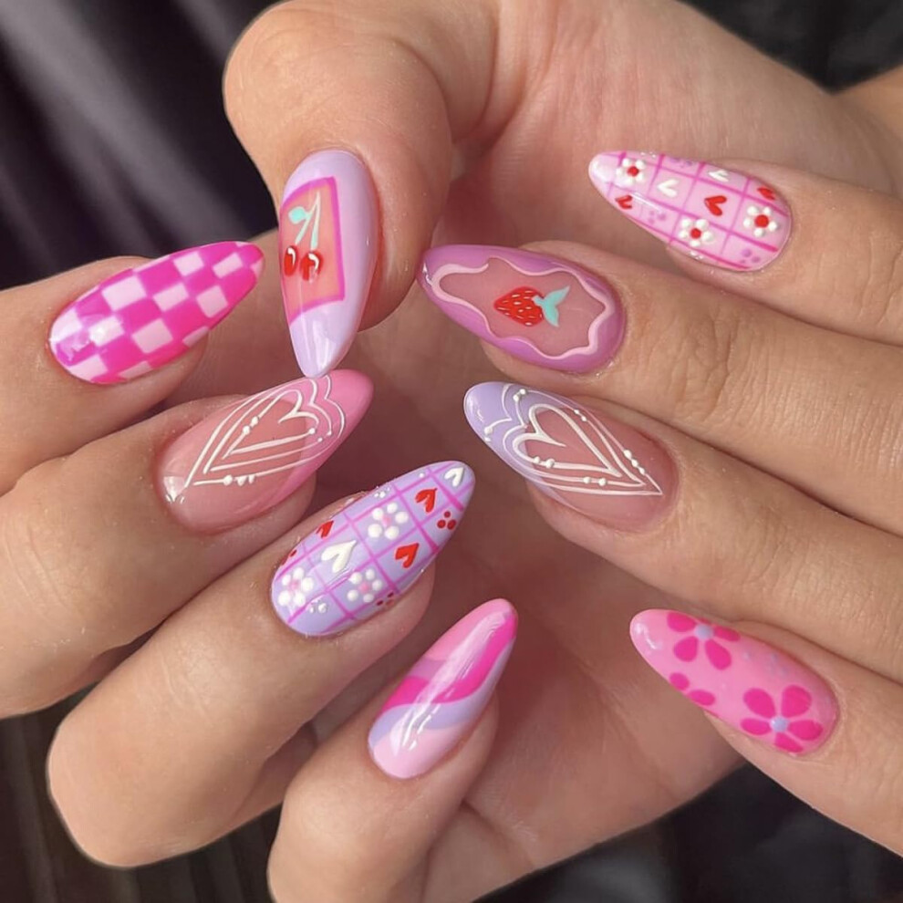 Pink Medium Almond Press On Nails Glossy Full Cover Fake Nails With Strawberry Heart Design 24Pcs