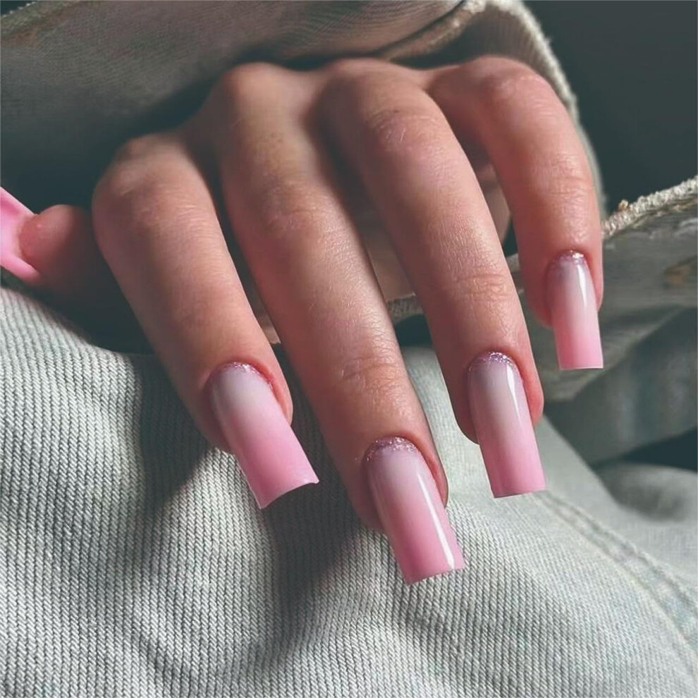 Pink Long Square Ombre French Tip Press On Nails With Glitter, 24Pcs Acrylic Fake Nails