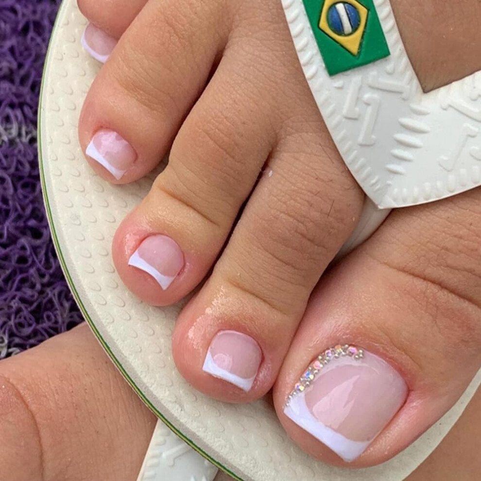Press On Toenails with Rhinestones, Short French Tip Fake Toe Nails, Reusable 24pcs for Women