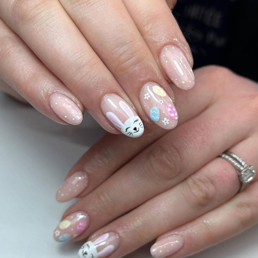 24pcs Easter Press On Nails Short Oval Reusable Bunny and Egg Design ReadytoWear Manicure
