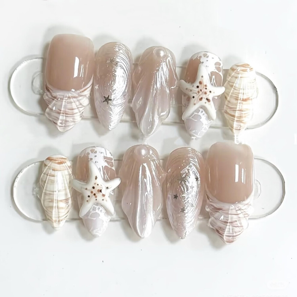 30Pcs Summer Beach Press On Nails Medium Almond French Tip Fake Nails with 3D Starfish Seashell Designs