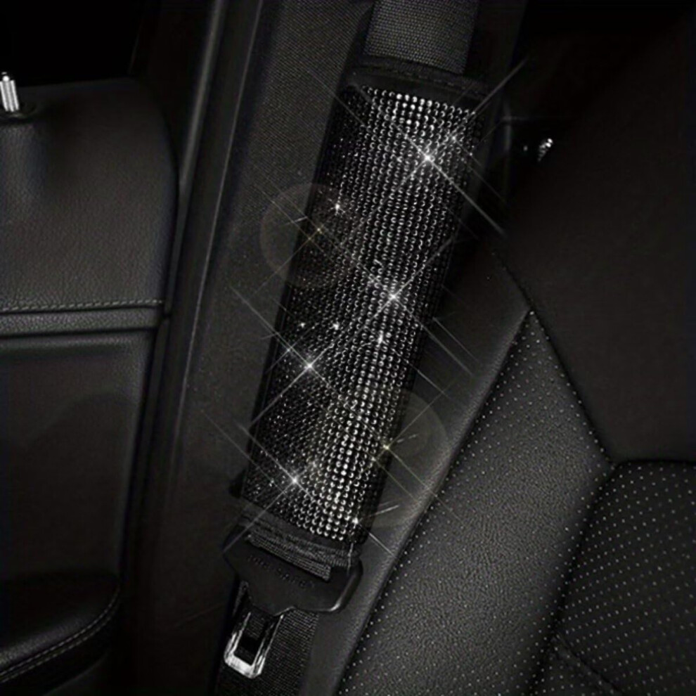 2Pcs Bling Car Seatbelt Covers With Rhinestones, Soft Shoulder Pads For Neck Relief, Universal Fit, Black 9113335815940
