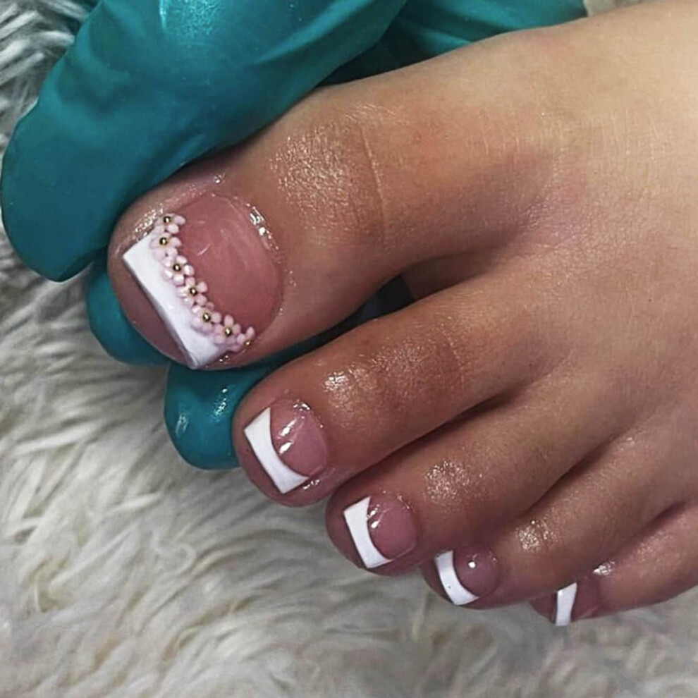Press On Toenails Short Square Fake Toenails with Flower Design Glue On Kit 24Pcs for Women