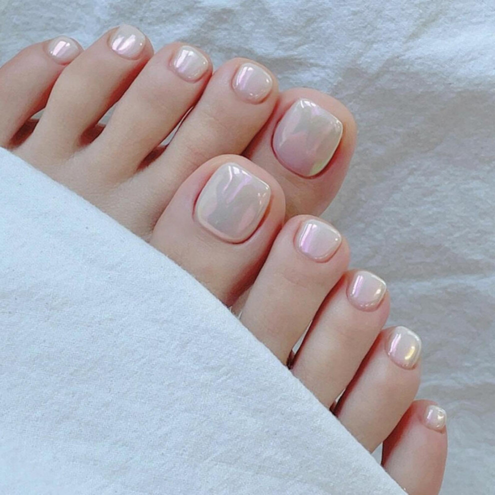 Pink Aurora Press On Toenails Short Square Fake Toenails For Women Reusable Instant Pedicure 24Pcs