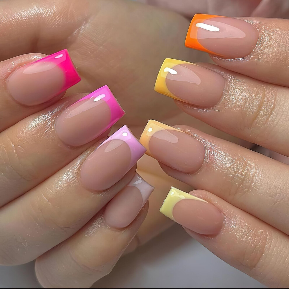 Press On Nails Medium Square Rainbow Glossy French Tip Fake Nails Reusable Acrylic 24pcs