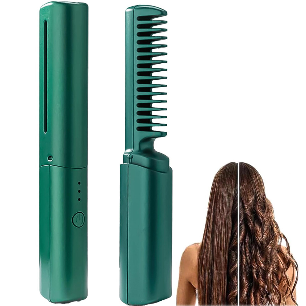 Green Ceramic Hair Straightening Comb And Cordless Curling Iron 2In1, Usb Rechargeable, 3 Heat Settings,