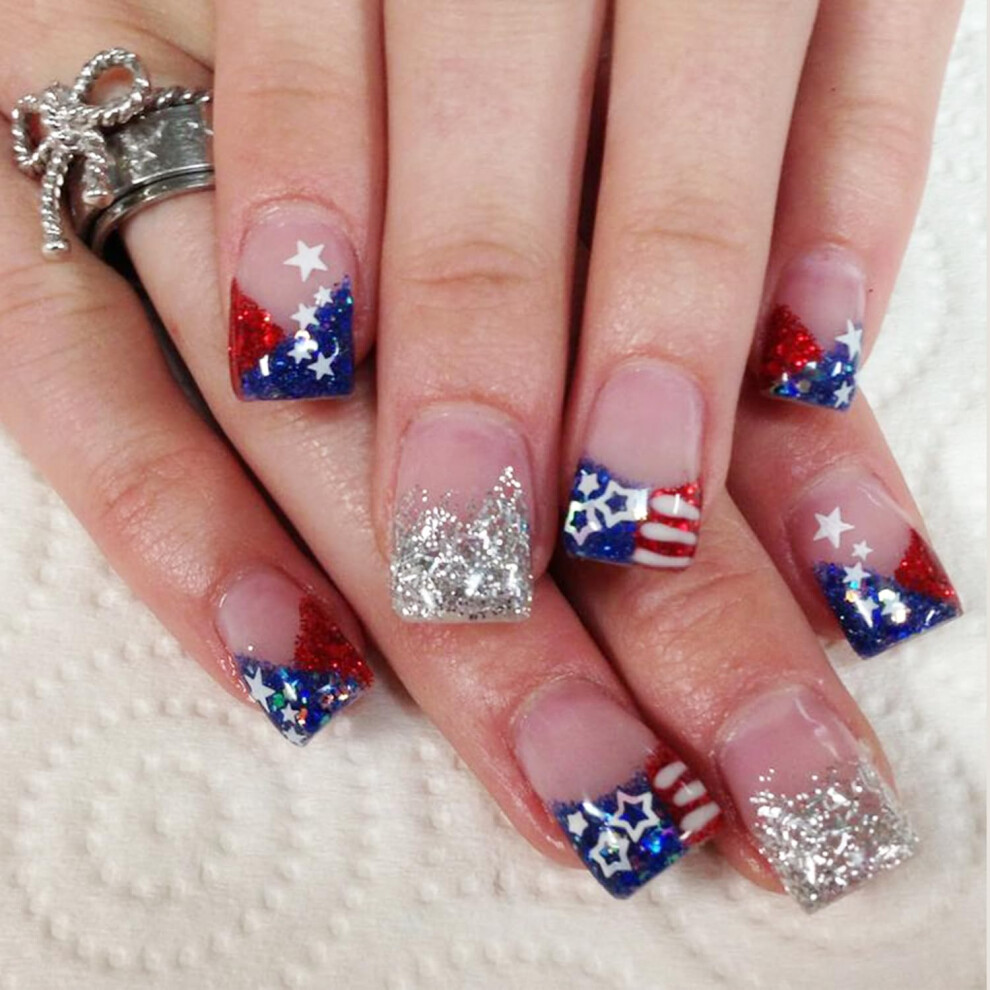 Blue,White,Red 24Pcs Fourth Of July Press On Nails Red White Blue Fake Nails Festive Independence Day Nail Kit