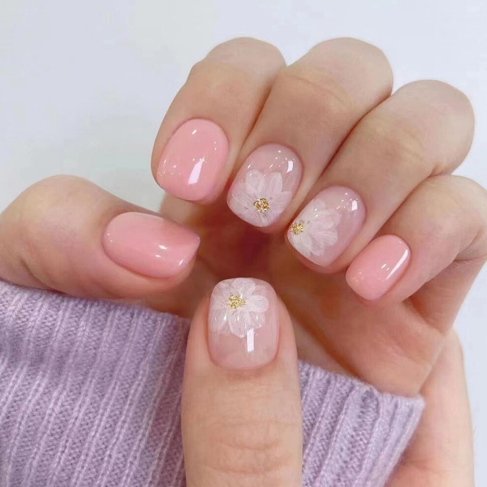 Pink 24Pcs Short Square Press On Nails Floral Reusable Fake Nails For Women Glossy Manicure Kit