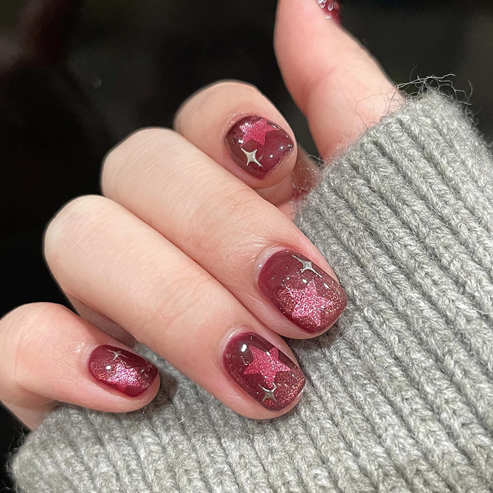 Short Red Press On Nails with Star Design, Acrylic Squoval Fake Nails Set 24pcs for Instant Salon Look