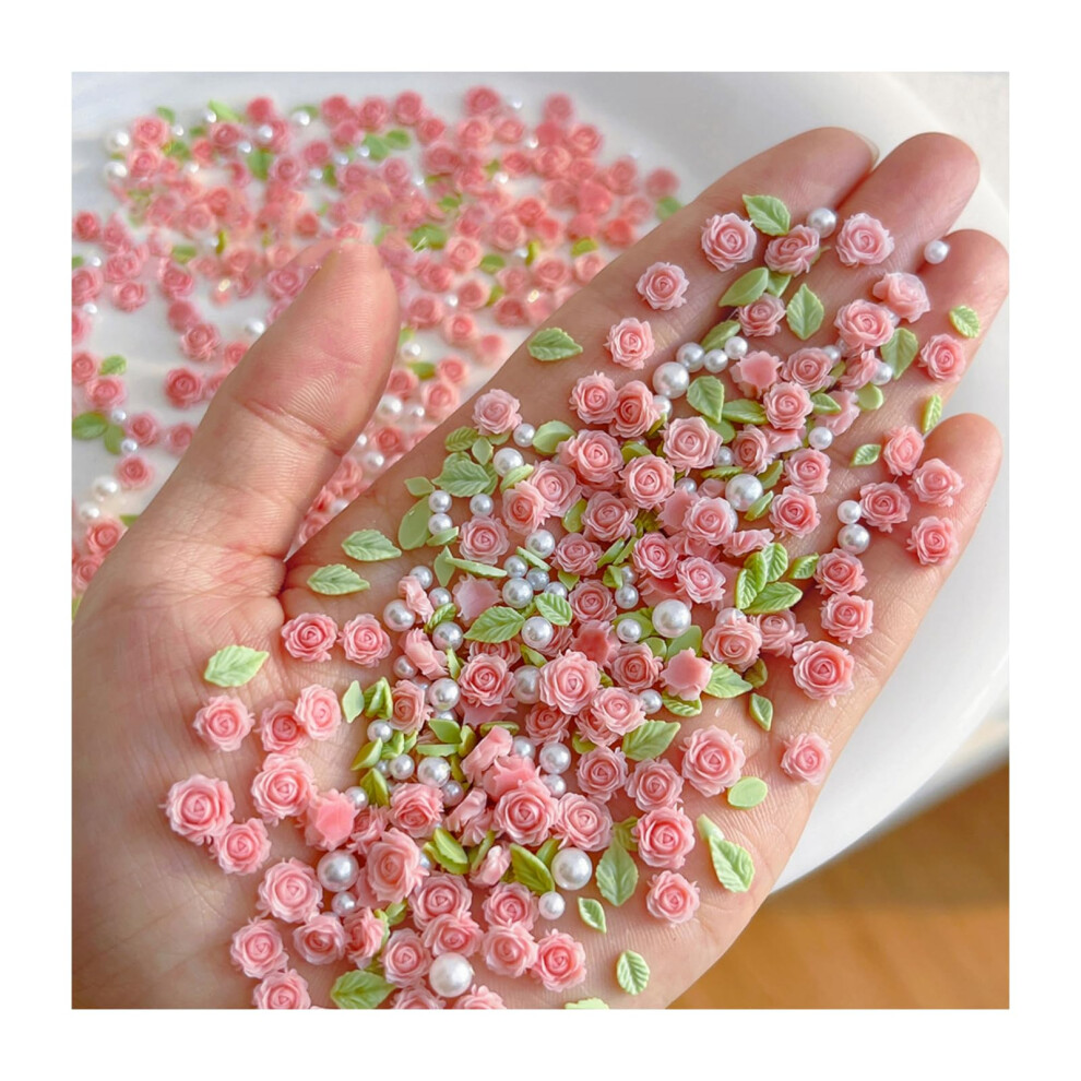 Pink 3D Nail Art Charms Resin Rose With Pearls And Leaves For Elegant Diy Manicure Decorations