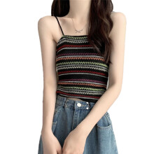 Breathable Sleeveless Crop Top Striped Print Ribbed Knit Spaghetti Strap Lightweight Soft And Stretchy Fabric Cute Camisole For Daily Casual Outfits