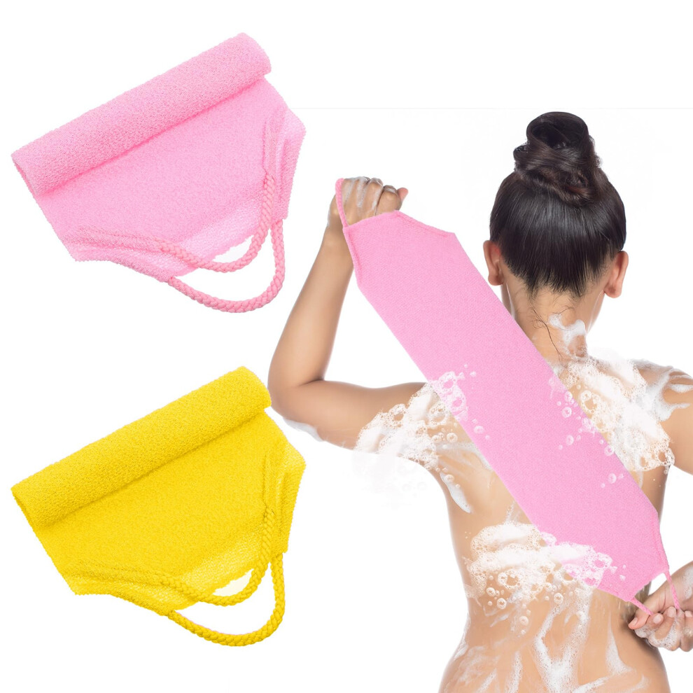 Pink/Beige 2Pcs Dualsided Exfoliating Back Scrubber With Handles Long Nylon Bath Towel For Shower