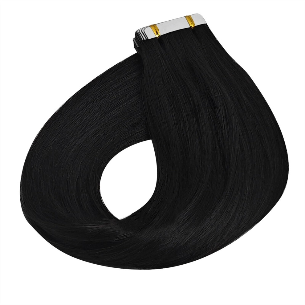 Tape in Remy Human Hair Extensions Jet Black 20 Inch Seamless Skin Weft Straight Natural Blend