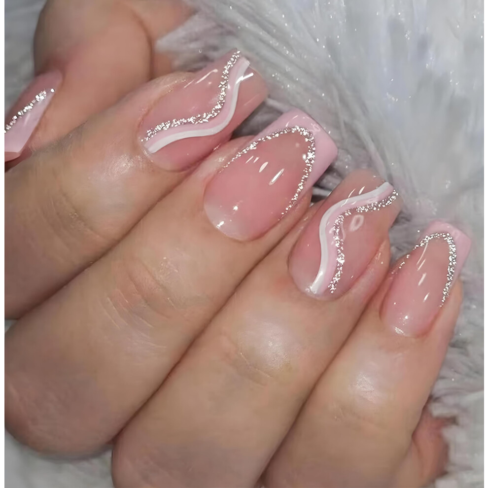 Pink Glitter Press On Nails with Rhinestones and 3D Flowers, Square False Nails for Women