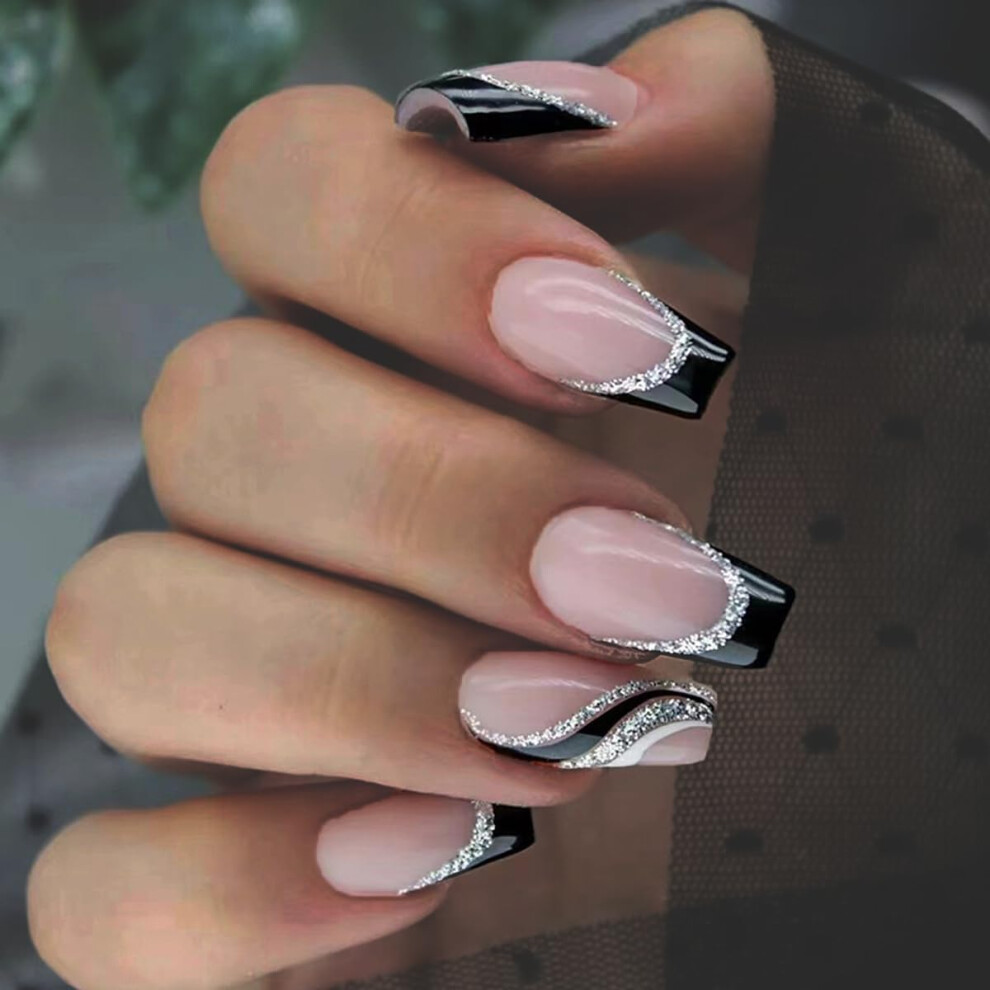 Black French Tip Press On Nails Square Silver Fake Nails With Salonquality Shine For Women