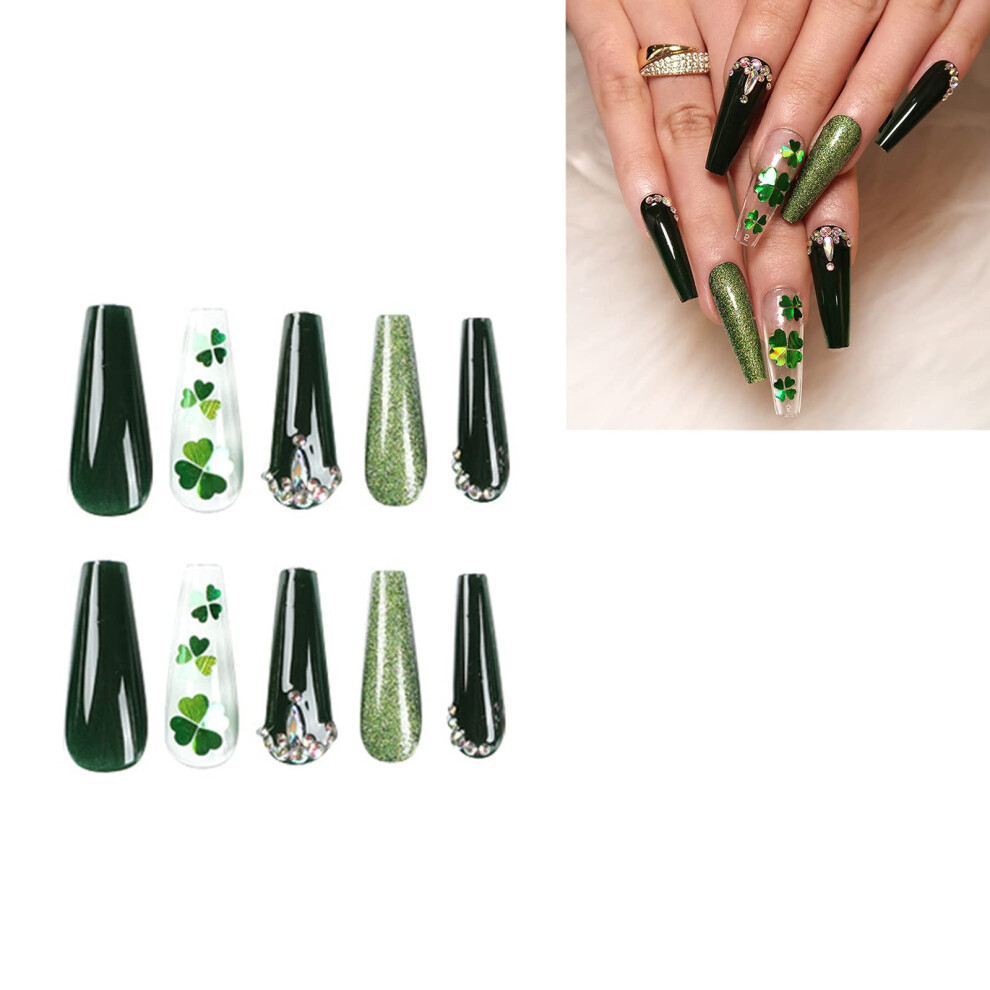 Long Almond Press On Nails French Tip with Heart Clover Design 24PCS Instant Salon Manicure