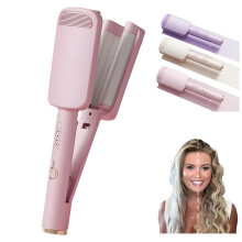 Hair Crimper with 3 Barrel Tourmaline Ceramic Beach Waves Curling Iron, Dual Voltage, Pink