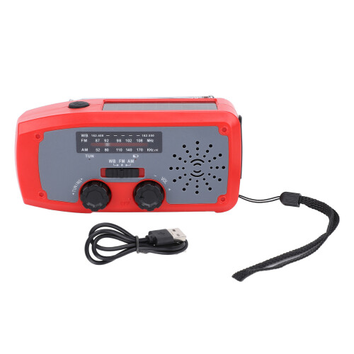 Emergency Hand Crank Radio LED Flashlight NOAA 2000mAh USB Solar Red 2