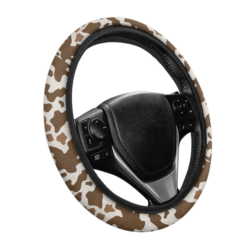 Cow Print Flannel Steering Wheel Cover 15 Inch Winter Warm Non Slip Plush Universal Fit Brown 9092120526530