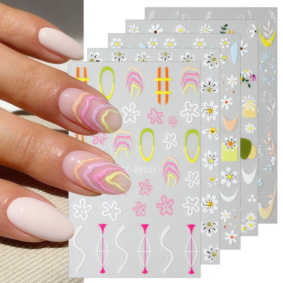6 Sheets Daisy Flower Nail Art Stickers Self Adhesive Floral Decals for Acrylic Nails