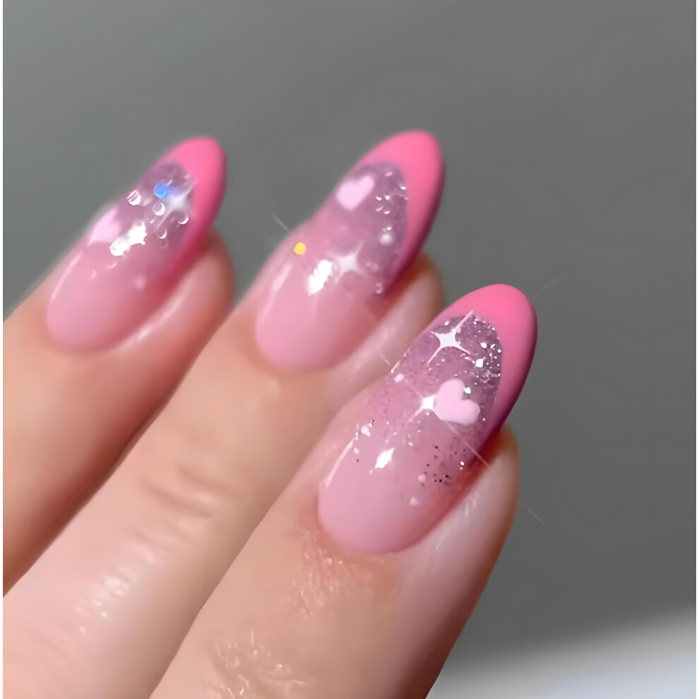 Valentine Press On Nails 24 Pcs Pink Almond Glitter Hearts Easy Application Instant Salon Look