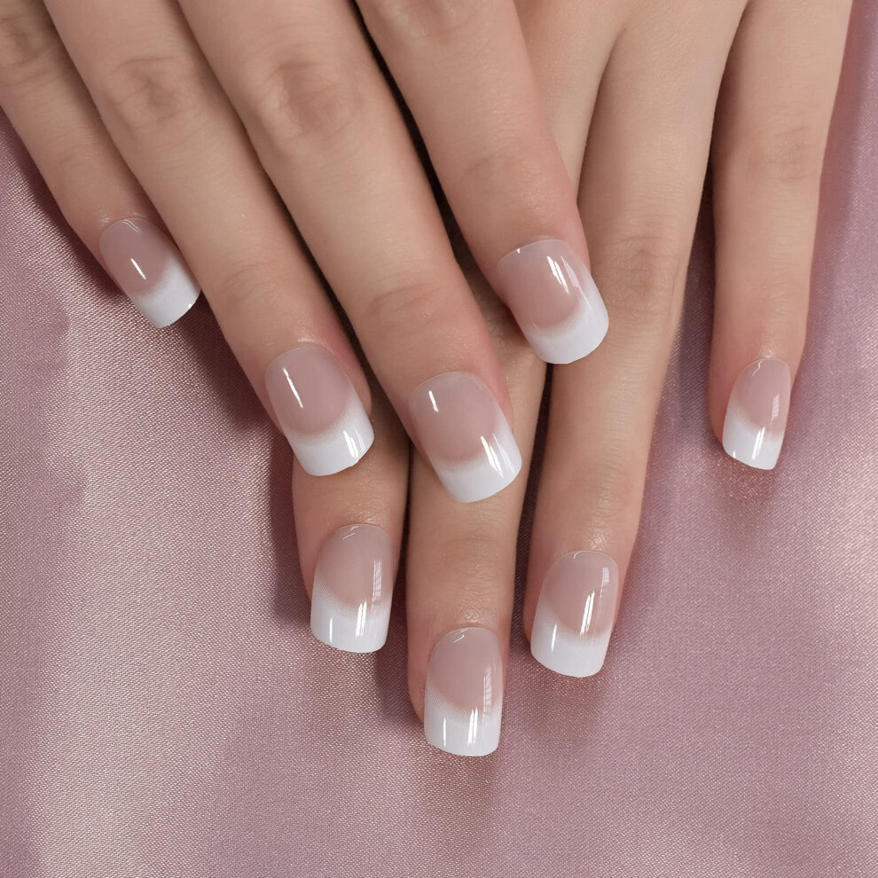 Cream Short Squoval French Tip Nude Press On Nails Elegant Reusable Fake Nails For Daily Wear