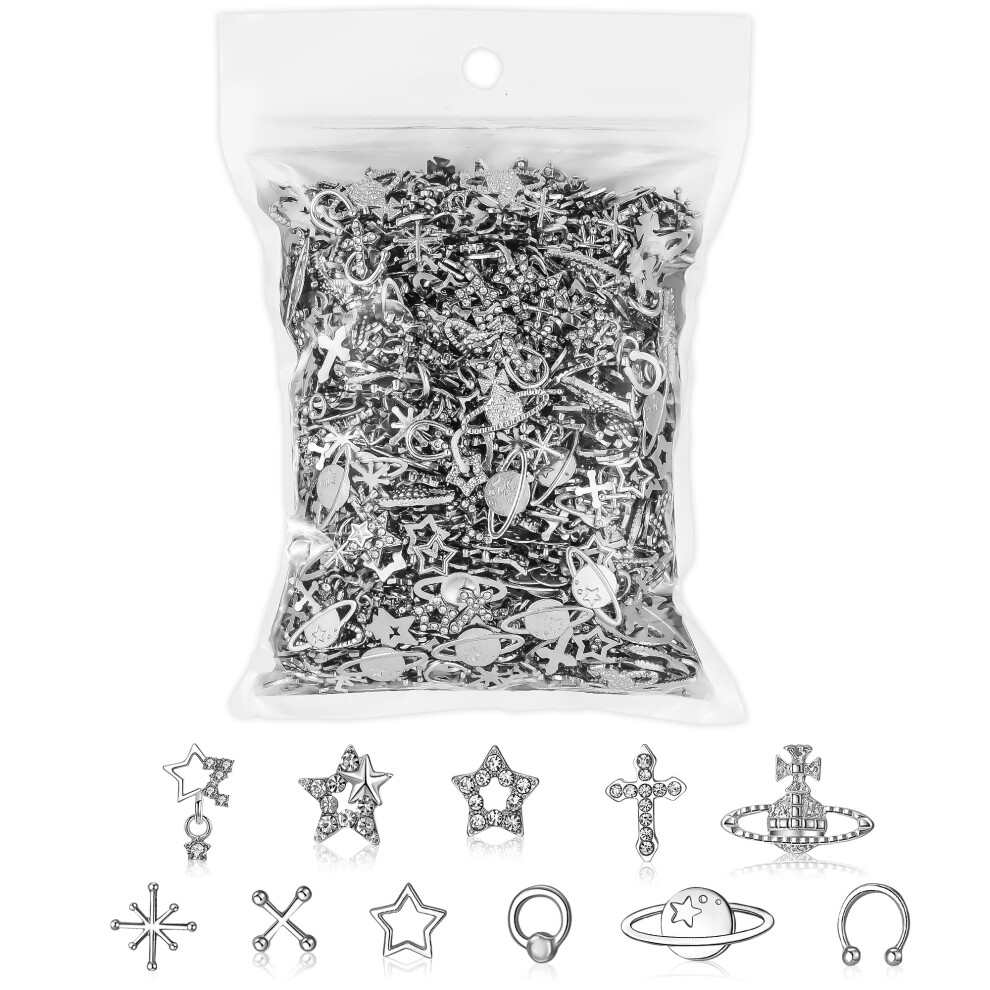 Silver 165Pcs Nail Charms Set With Rhinestones For Acrylic Nails, Star And Planet Designs
