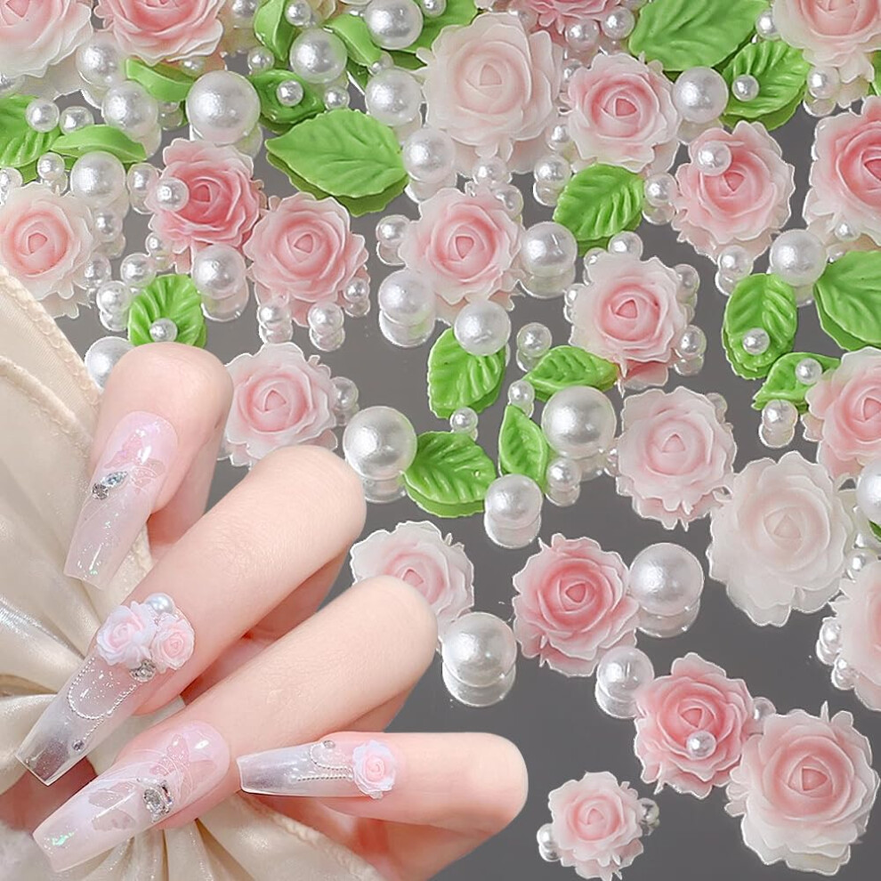 3D Camellia Rose Nail Charms with Pearls  Mixed Size Resin Flower Art Decorations for DIY Manicure
