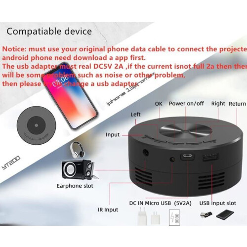 Mini portable USB projector for iPhone only with remote control, built-in speaker, audio port, compatible with iPhone 1