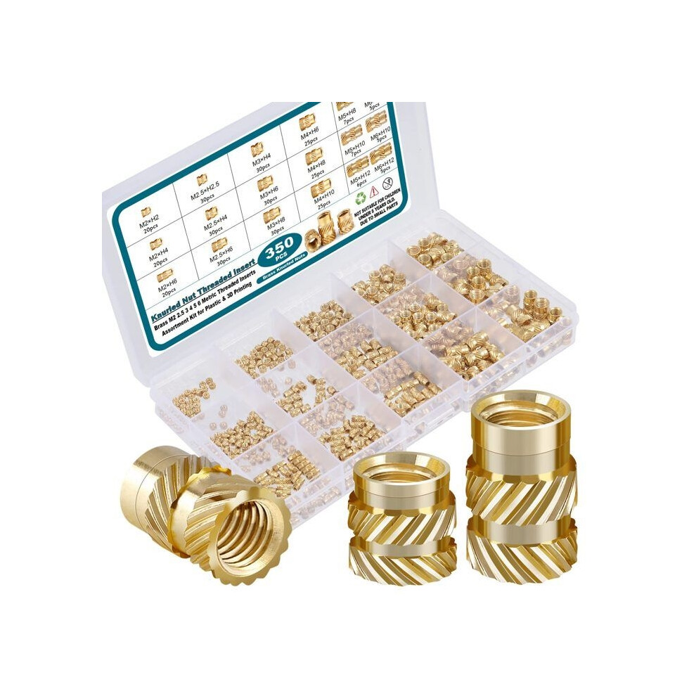 Pack Of 350 Threaded Nuts M2 M2.5 M3 M4 M5 M6 With Plastic Box (Knurled Nuts With Internal Thread, Assortment Of Inserts) 9301941291696