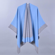 Women's Faux Wool Poncho, Warm Winter Poncho with Two-Tone Trim, 130 x 150 cm - Blue