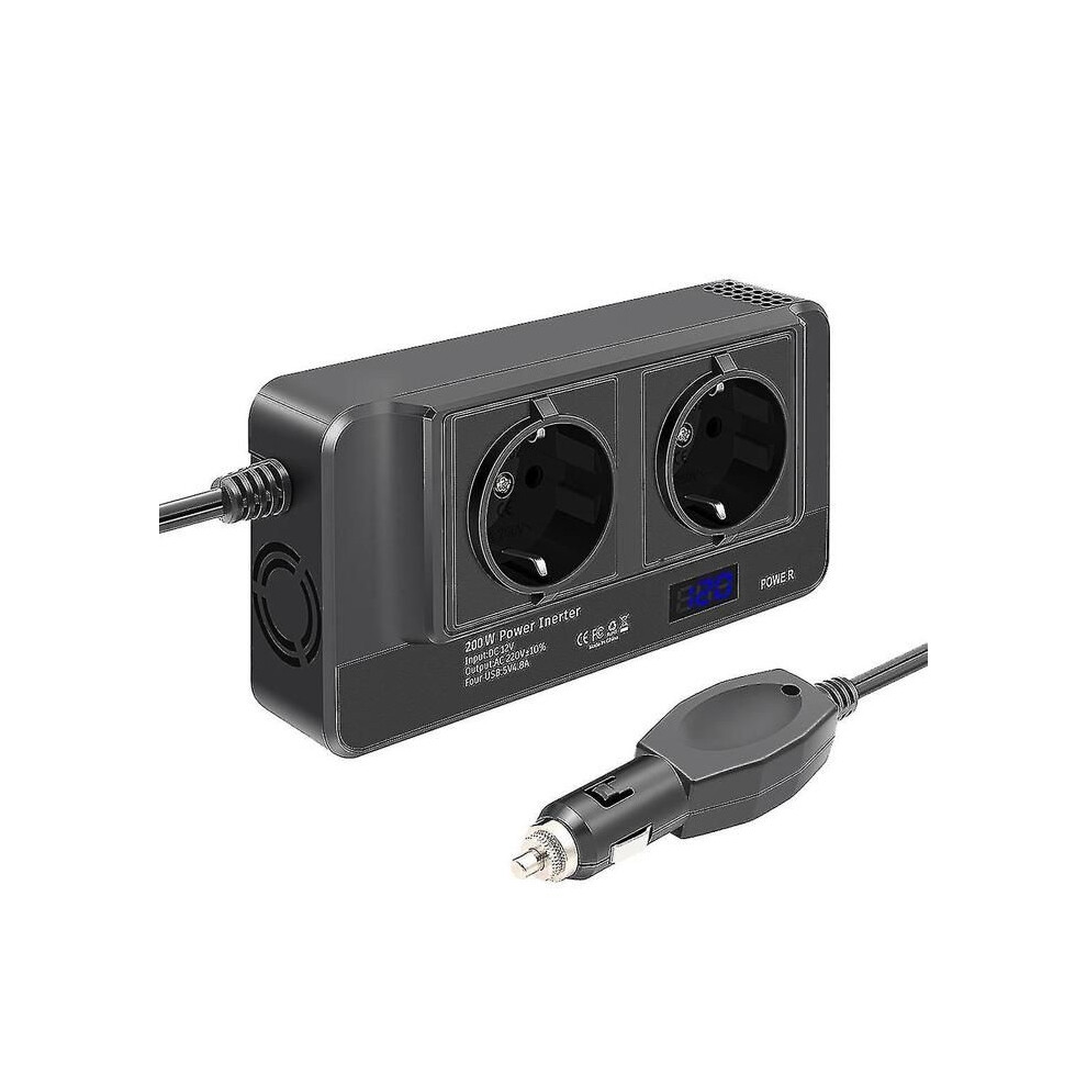 200W Car Power Inverter, 12V To 220V Voltage Converter With Smart Lcd Time Display, 2 Outlets And 4 Usb-C Ports 9301941298725