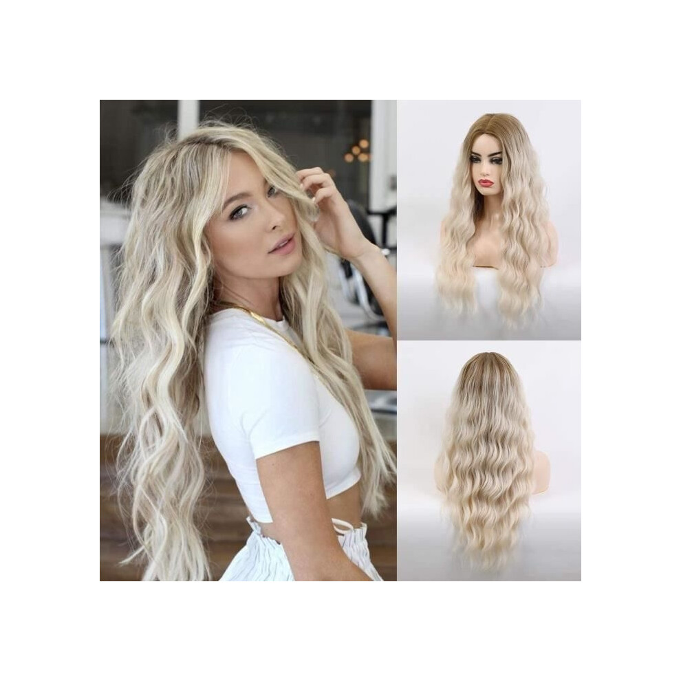 Aihontai Unisex Cream Long Beige Blonde Wig For Women, Natural Ombre Synthetic Wig, Curly Hair With Dark Roots And Mid-Part