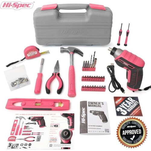 3.6V Pink Electric Screwdriver - Cordless Drill Driver with Tool Set - Complete Tool Box - Martea 1