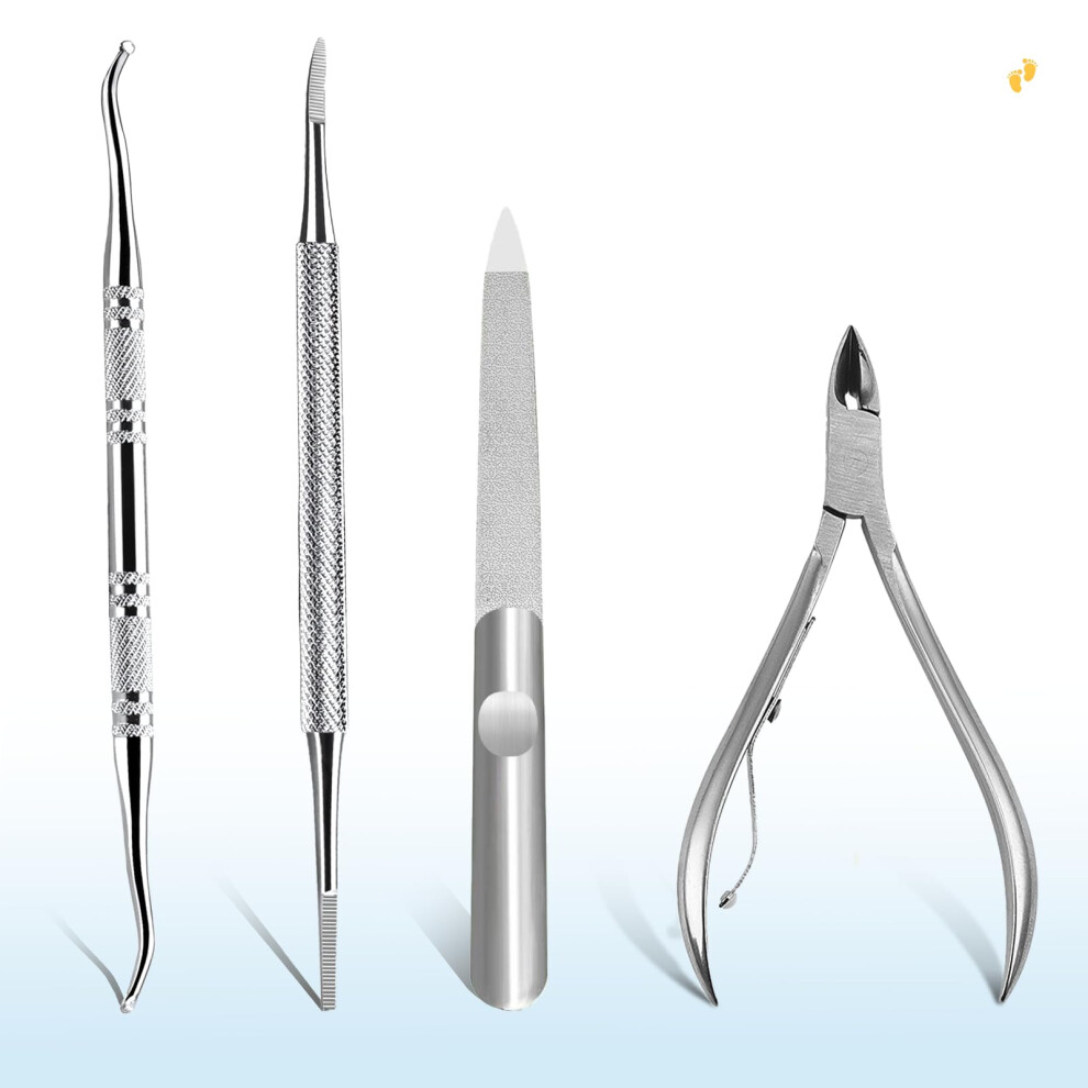 Ingrown Toenail Removal Kit with Toenail Clippers, DualEnded Lifter and File for Thick Nails, 4 Pack Stainless Steel