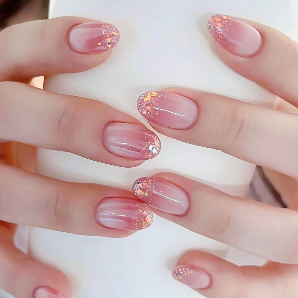 Pink Ombre Almond Shape Press On Nails Acrylic False Nails With Glitter Glossy Finish 24Pcs