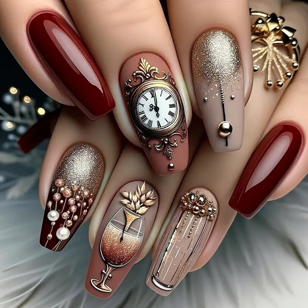 Christmas Coffin Press On Nails Glitter Holiday Acrylic Fake Nails Reusable Medium False Nails 24pcs