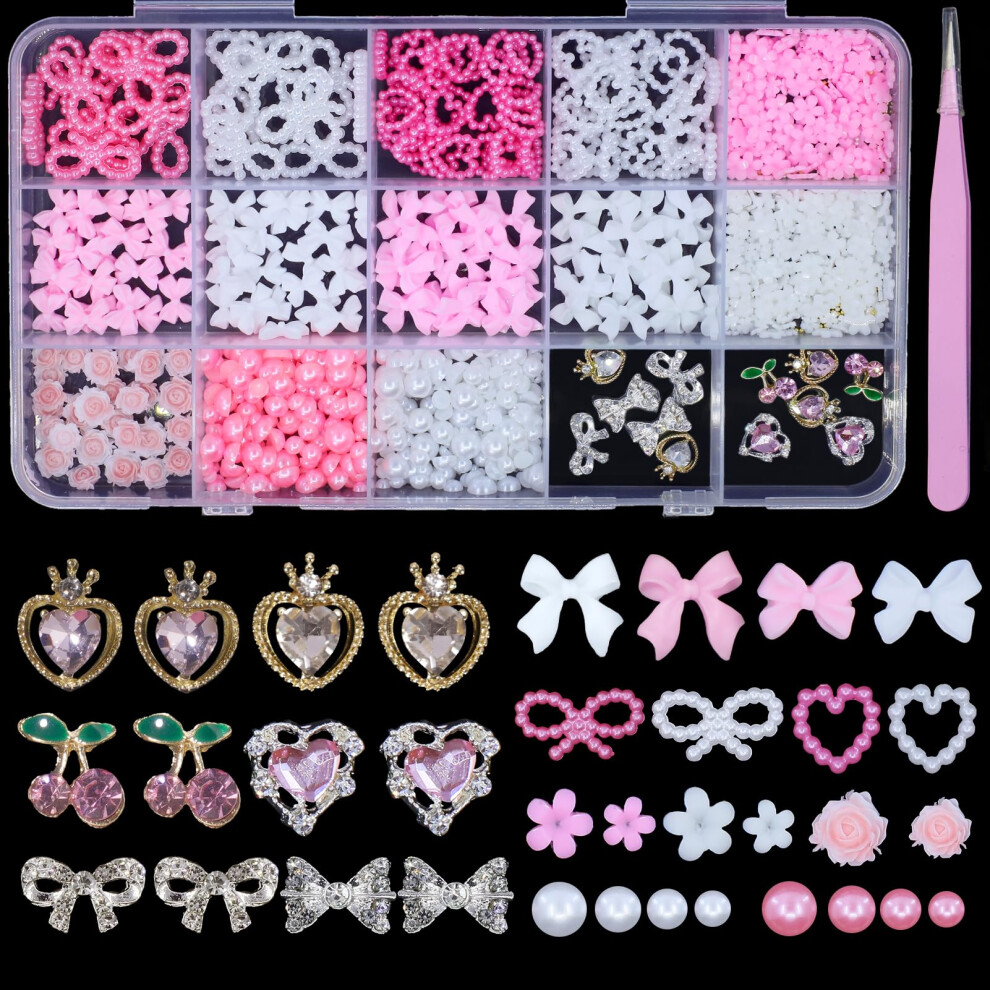 3D Nail Charms Set with Gems and Pink Bows, 15Grid Assorted Rhinestones for DIY Nail Art Decorations